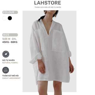 Áo sơ mi nữ form rộng dáng dài cổ vest LAHSTORE linen tưng gân trễ vai 2 túi ngực lớn ASM25 (Trắng)
