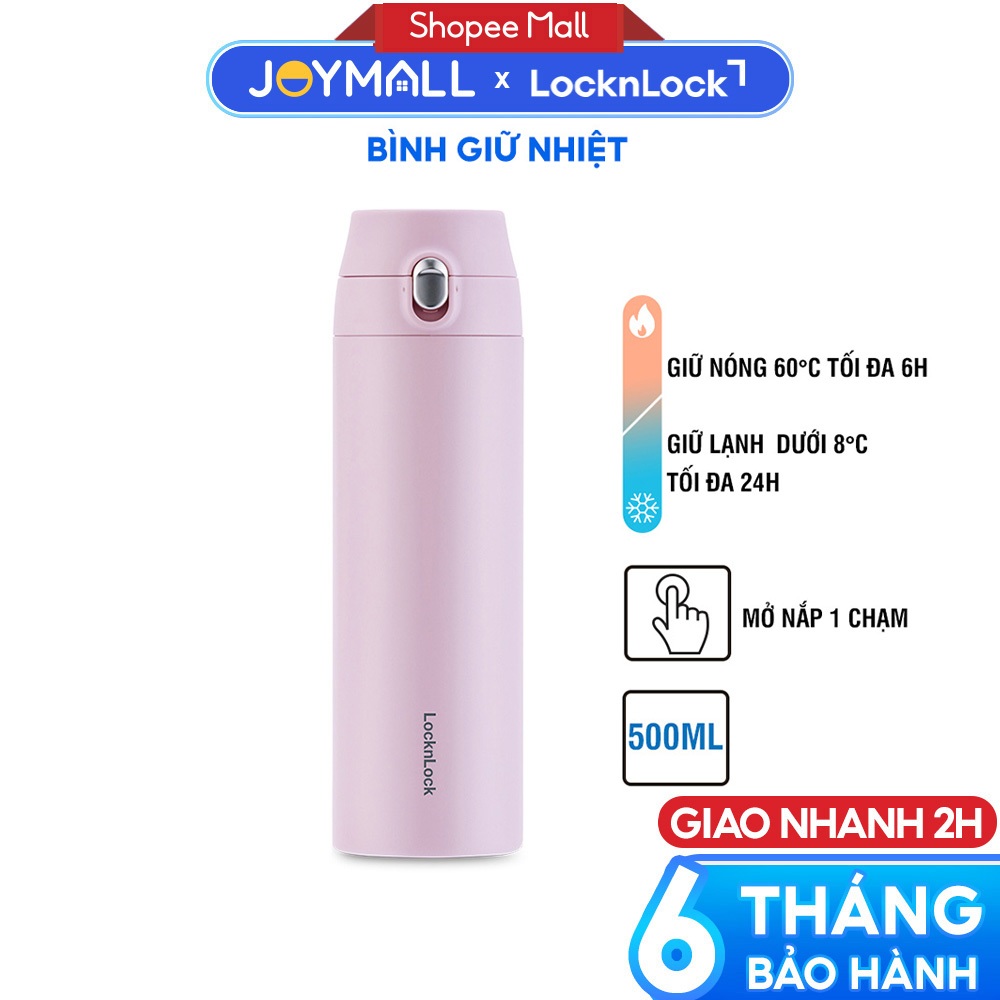 Bình giữ nhiệt LocknLock 500ml Featherlight Tím LHC3257LVOL, Hàng chính hãng, nắp bật 1 chạm-JoyMall