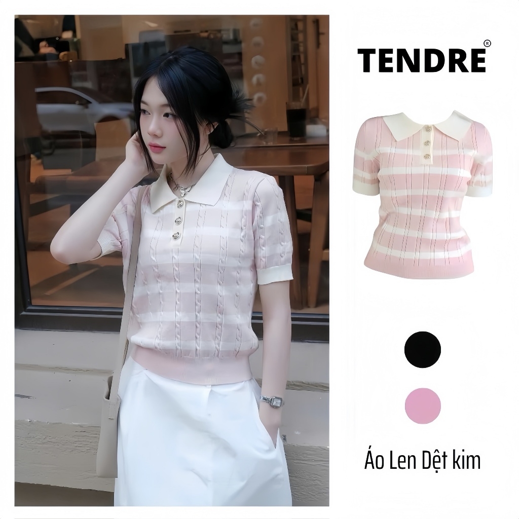 (Deal Mở Bán) TENDRE x BST Hè 2025 Áo Len Dệt Kim Hè 2 Màu Phối Cúc Vàng Đồng Bông Hoa, Kết Hợp Kẻ Ngang M09