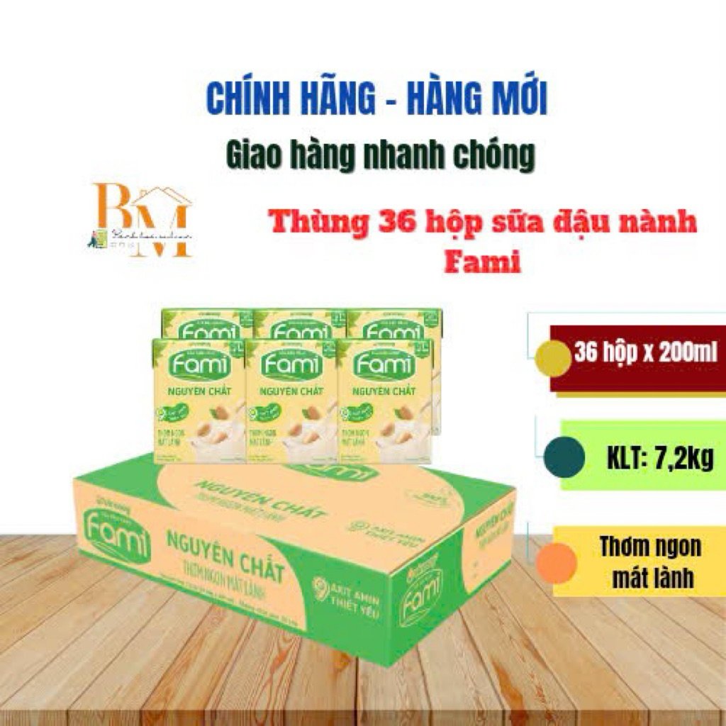 Thùng 36 hộp sữa đậu nành Fami nguyên chất/ nguyên chất ít đường / canxi / canxi it đường Fami 200ml