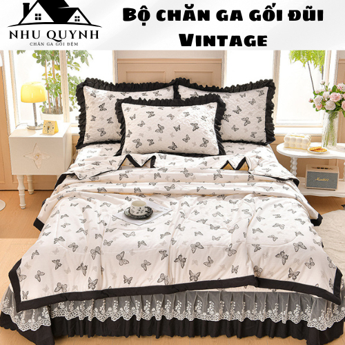 Ga phủ ga trải giường Set chăn ga gối Vintage ga trần bông chất liệu Đũi nhiều kích thước m6 m8 2m2