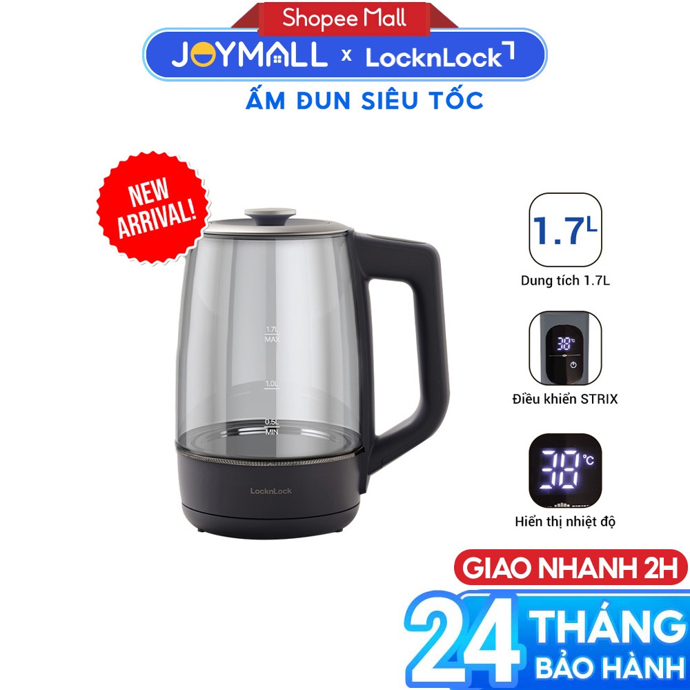 Ấm Đun Siêu Tốc LocknLock EJK276GRY 1.7L, Hàng Chính Hãng, 5 Mức Nhiệt, Giữ Ấm 12h, đế STRIX-JoyMall