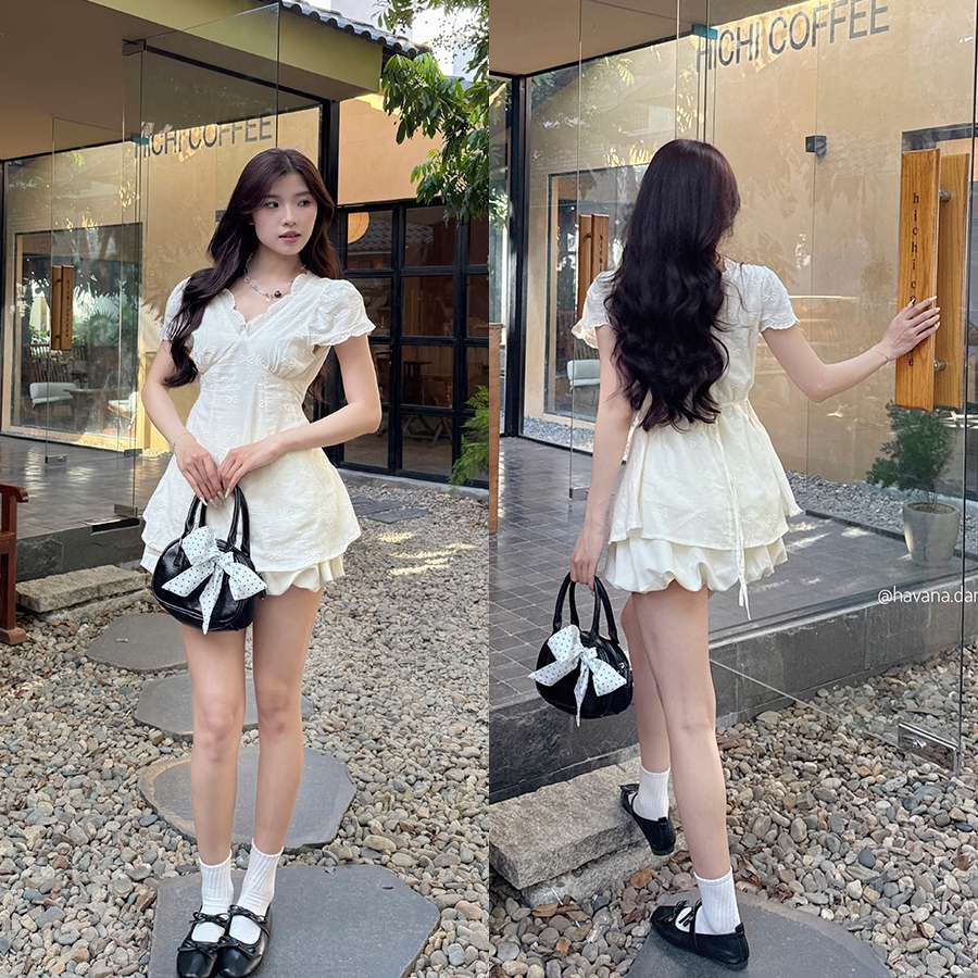 (PB.HAVANA) Set áo ORIANE phối ren hoạ tiết nơ kèm chân váy bí SAT371