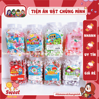 sỉ 1 hộp 200 cái kẹo mút mini nhiều vị cầu vồng, đào, trái cây.. thơm ngon hấp dẫn, đồ ăn vặt
