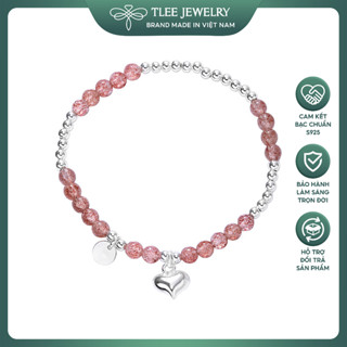 Lắc tay bạc nữ TLEE, vòng tay hạt bi đá thạch anh dâu hồng tự nhiên, charm bạc tròn và tim phồng TLEE JEWELRY LT0301