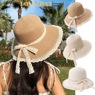 Nón cói đầu tròn nữ đi biển vành viền ren phối thắt nơ LOULIHAT, mũ cói rộng vành chống nắng tiểu thư vintage NCLT07