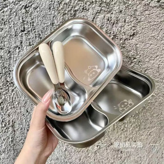 Khay inox Ăn 2 Ngăn Kèm Thìa Hình Thú - Khay Ăn Dặm inox 304 Dễ Thương Cho Các Bé An Toàn, Dễ Vệ Sinh, Chống Rơi Vỡ