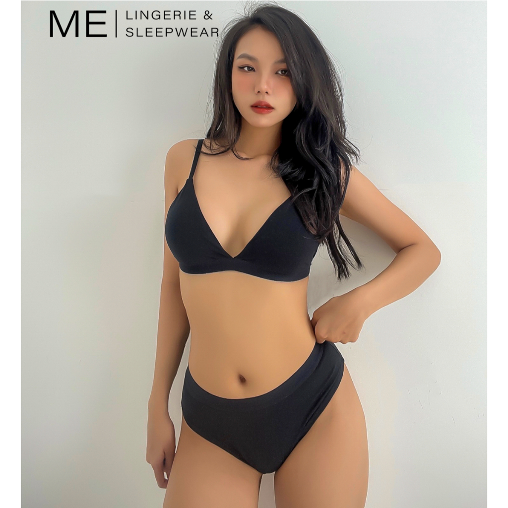 Set bikini đồ lót cotton áo bra mút mỏng đen không gọng quần lót tam giác đai chun bản cá tính Me Me lingerie