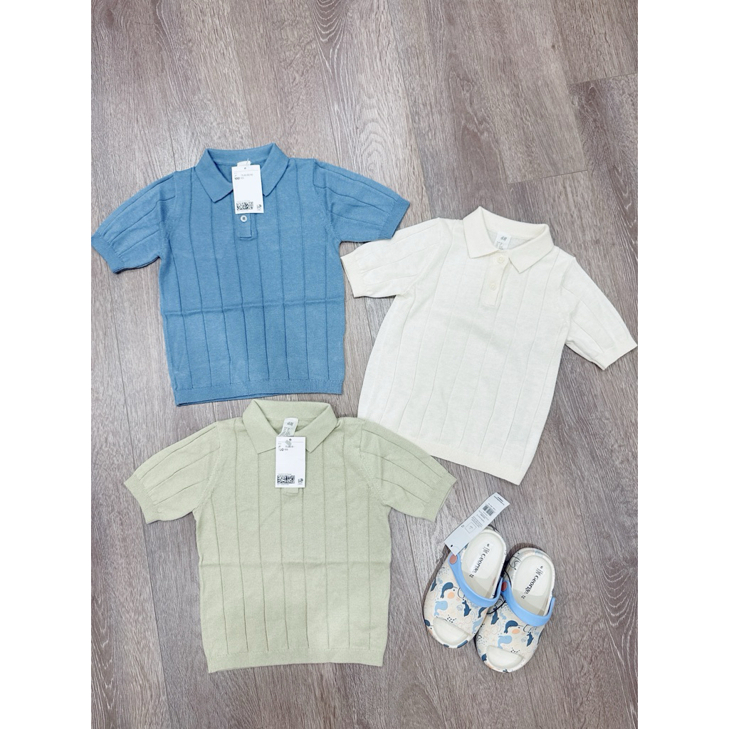 Áo polo trắng xanh HM áo polo trơn màu cho bé HM auth 4m-4y