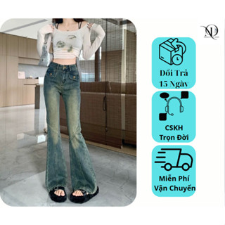 Quần Jeans ống loe 2 Nắp , Quần jean bò loe lưng cao màu xanh hơi mài bụi trước Dáng đẹp ND 01