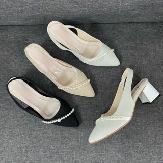 ( chân đầy đôn size) Giày cao gót vuông 3p,5p,7p bít mũi da nhủ kim tuyến dây hạt châu chéo mũi chân - BM142
