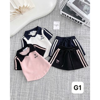 [8-35Kg] Set bộ thể thao áo polo G1 tay sọc viền thêu nơ kèm chân váy viền 2 sọc cá tính cho bé gái
