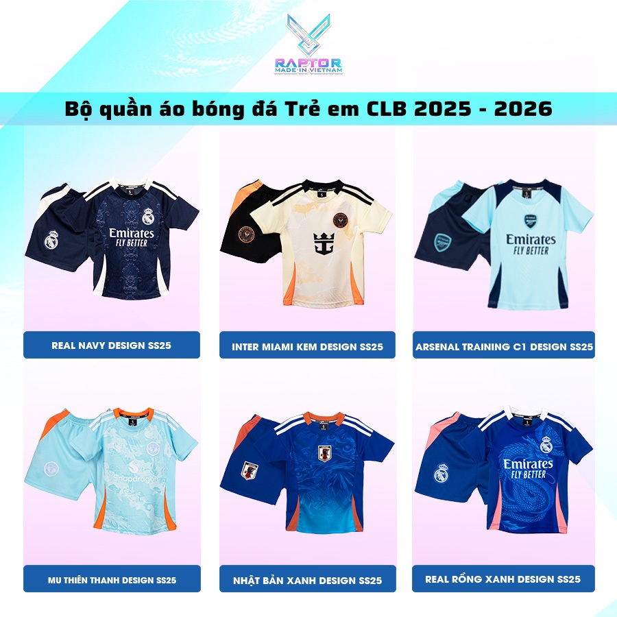 Quần áo bóng đá trẻ em Em U Design 25/26, chất liệu mè thoi hút mô hôi, khô khoáng