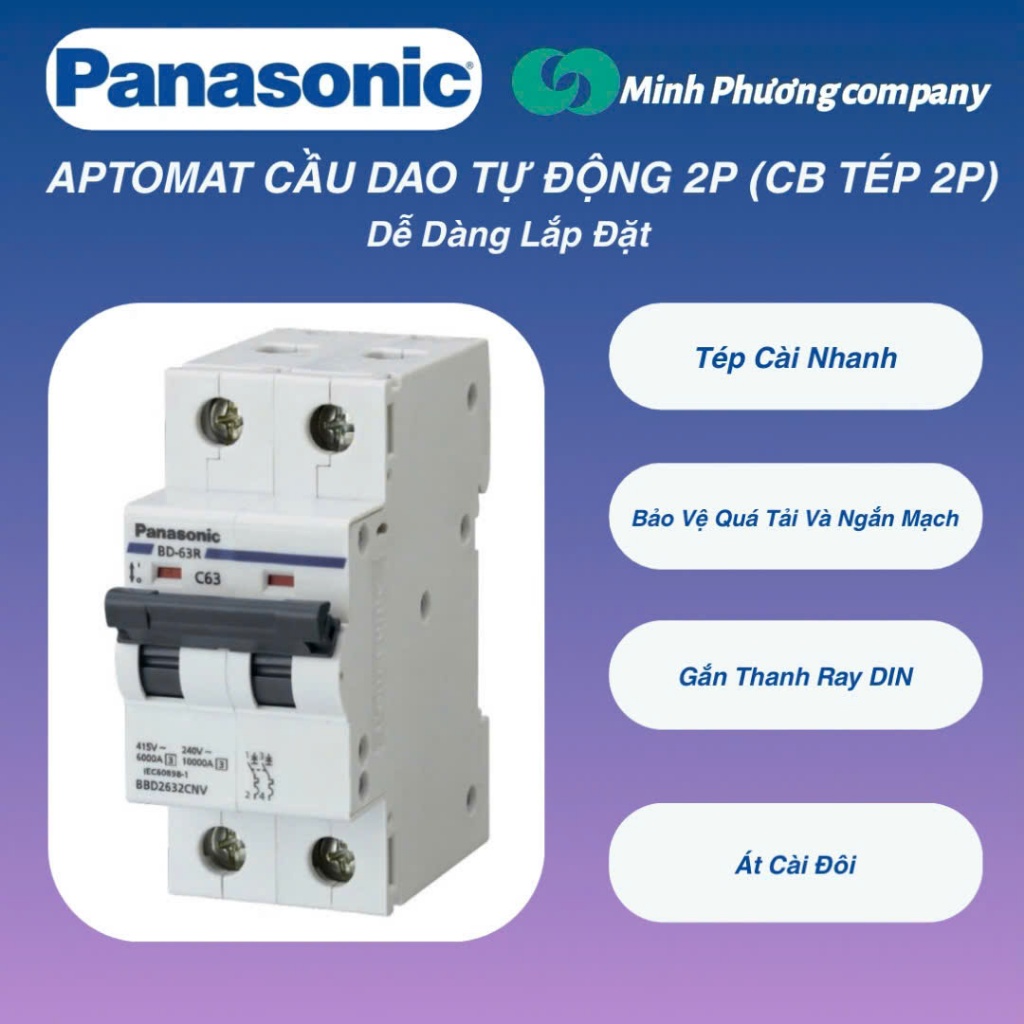 [MCB PANASONIC] Cầu dao tự động 2P (CB tép 2P) PANASONIC 20A, 25A, 32A, 40A, 63A