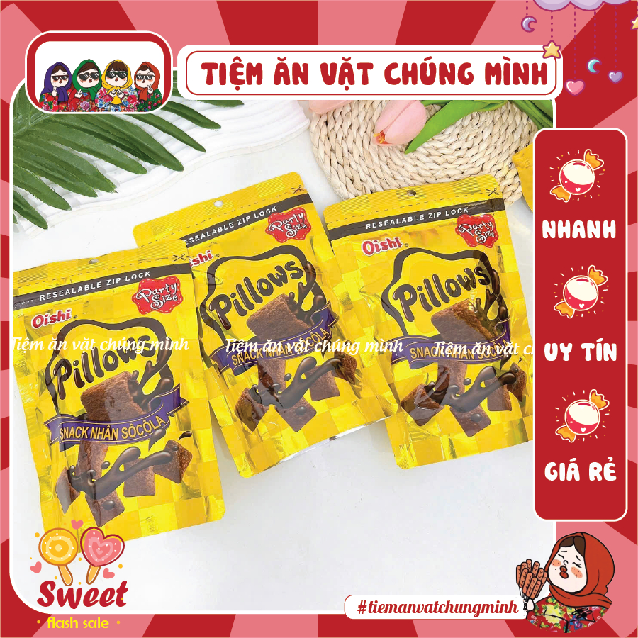 Snack Pillows Oishi Nhân Socola (GÓI LỚN 80G), Bánh Nhân Kem Oishi, đồ ăn vặt