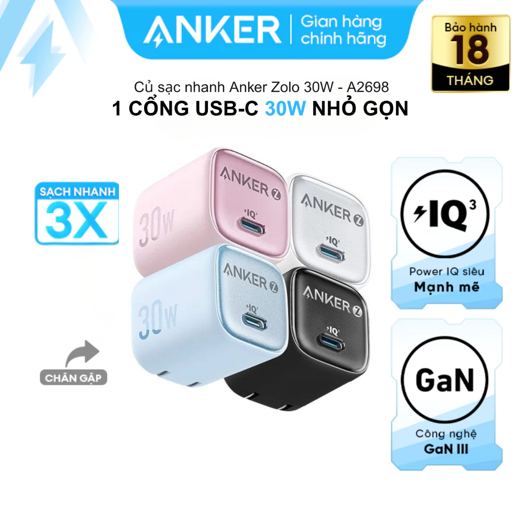Củ sạc nhanh Anker Zolo 30W 1 cổng USB-C hỗ trợ PD QC 3.0 A2698 - Chính hãng