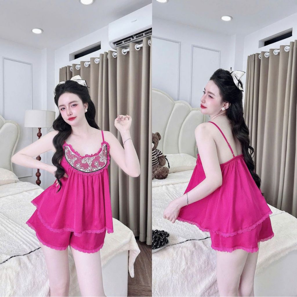 Đồ ngủ nữ Miky, Đồ ngủ sexy lụa Chiffon phối Latin cao cấp mềm mại xinh xắn <70KG 2 dây ren vòm cổ | BigBuy360 - bigbuy360.vn
