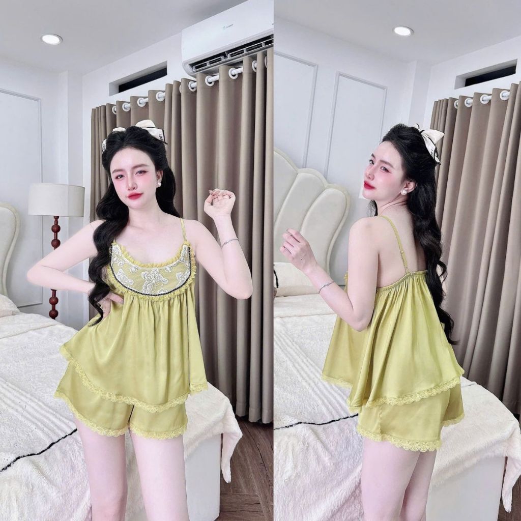 Đồ ngủ nữ Miky, Đồ ngủ sexy lụa Chiffon phối Latin cao cấp mềm mại xinh xắn <70KG 2 dây ren vòm cổ | BigBuy360 - bigbuy360.vn
