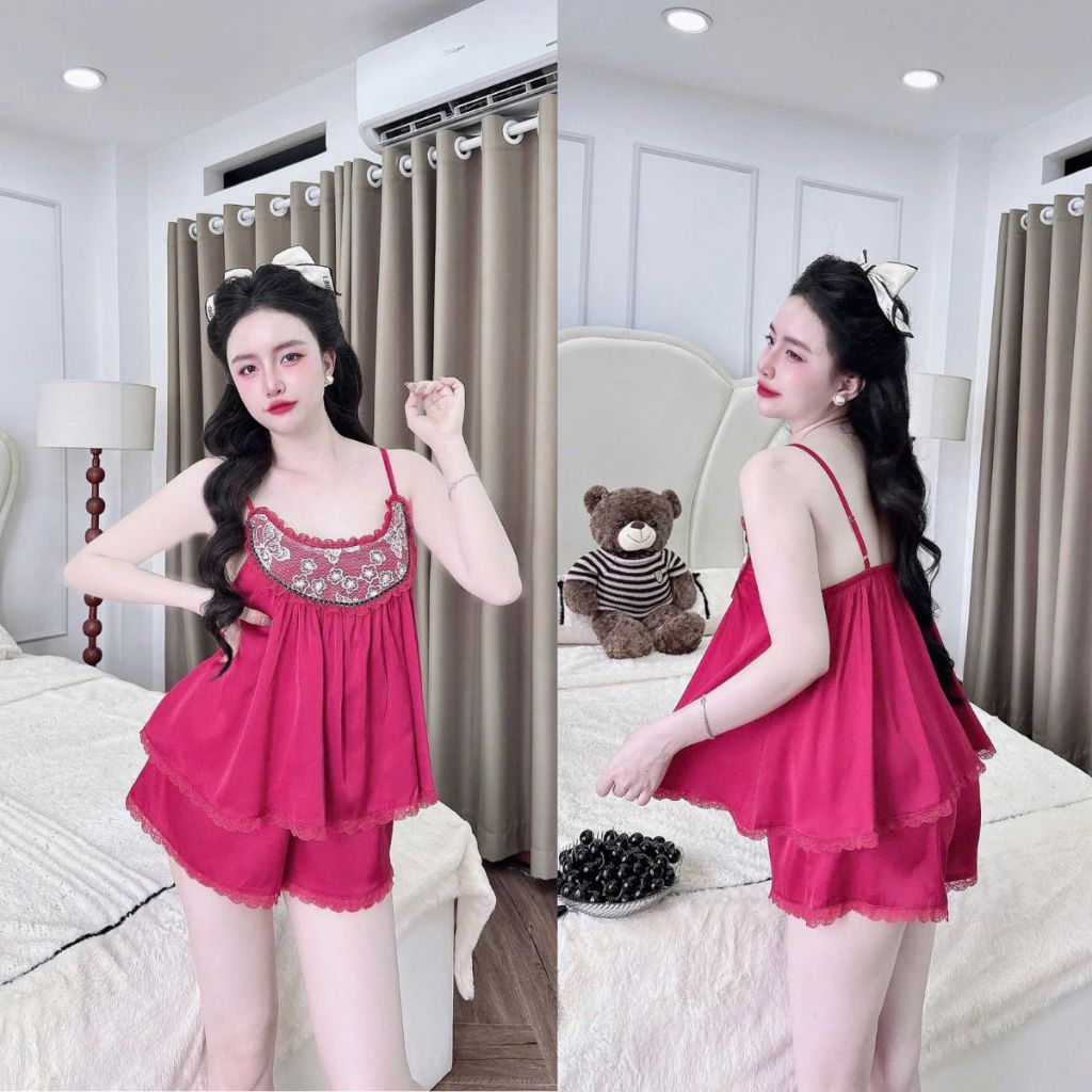 Đồ ngủ nữ Miky, Đồ ngủ sexy lụa Chiffon phối Latin cao cấp mềm mại xinh xắn <70KG 2 dây ren vòm cổ | BigBuy360 - bigbuy360.vn