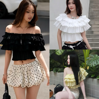 Áo tơ nhăn  bèo tầng mặc 2 kiểu trễ vai, lệch vai siêu điệu