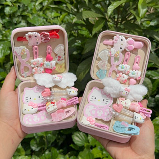 ( Tặng túi đựng) Hộp quà tặng 12 kẹp tóc hello kitty màu hồng kèm túi đựng quà làm quà tặng sinh nhật dịp ý nghĩa.