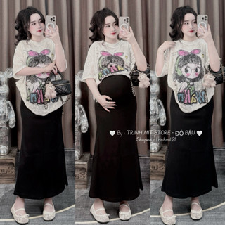 (TRINH MIT) Chân Váy Dáng Đuôi Cá Bầu & Áo Phông Ren Mềm Hình Cô Gái