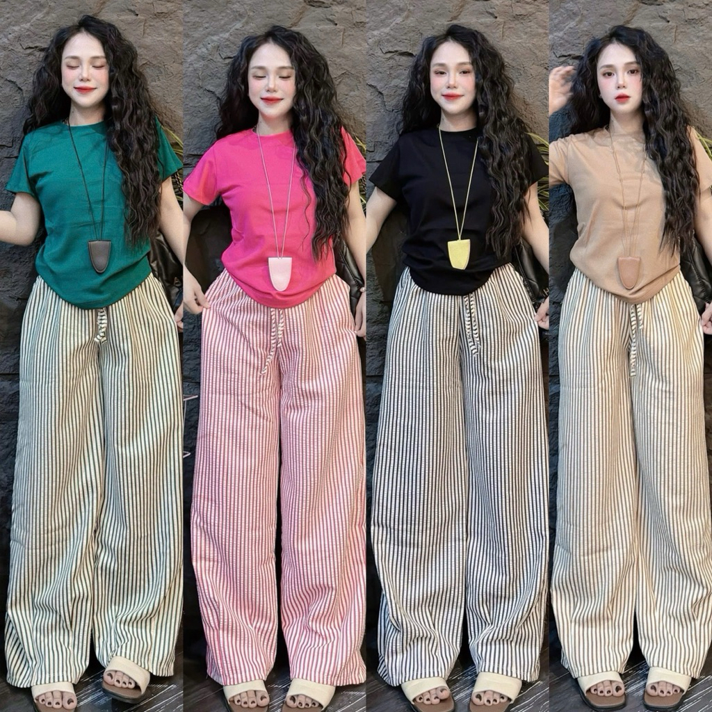 Set Bộ Áo Tăm Lạnh Quần Suông Sọc Tôn Dáng - HN CLOSET