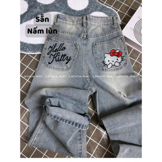[HOT 2025-CÓ NẤM LÙN] Quần Jean Nữ ống suông Wash màu bụi thêu mèo Hello Kitty túi sau 1m40 1m50 size xxs xs 90cm