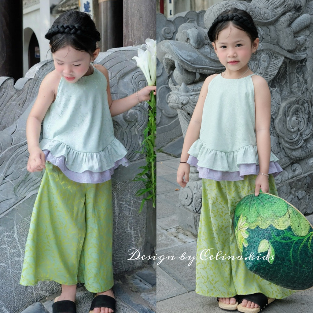 Set Yếm Lụa Gấm Trung Thu Cho Bé Gái TẶNG Kèm Mấn CELINA Bộ Áo Yếm Đào Tết Cho Bé Từ 10-26kg Phối Mà