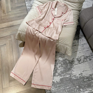 Bộ ngủ mặc nhà pijama tiểu thư Quảng Châu cao cấp lyly hồng viền đỏ tay ngắn