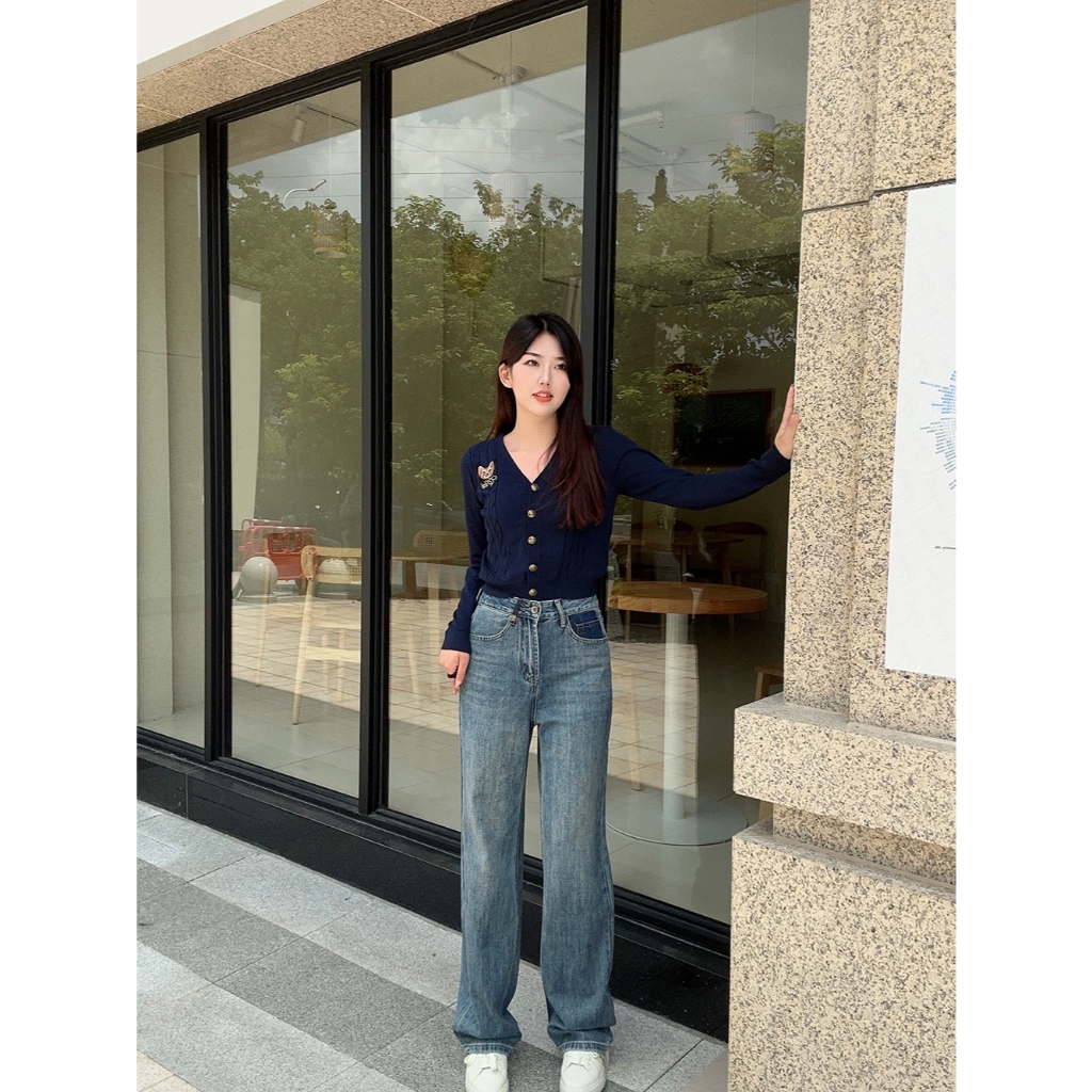 Quần Jeans Nữ Ống Rộng Cạp Cao Thiết Kế Thời Trang Phong Cách Retro (23A)_ August_Store