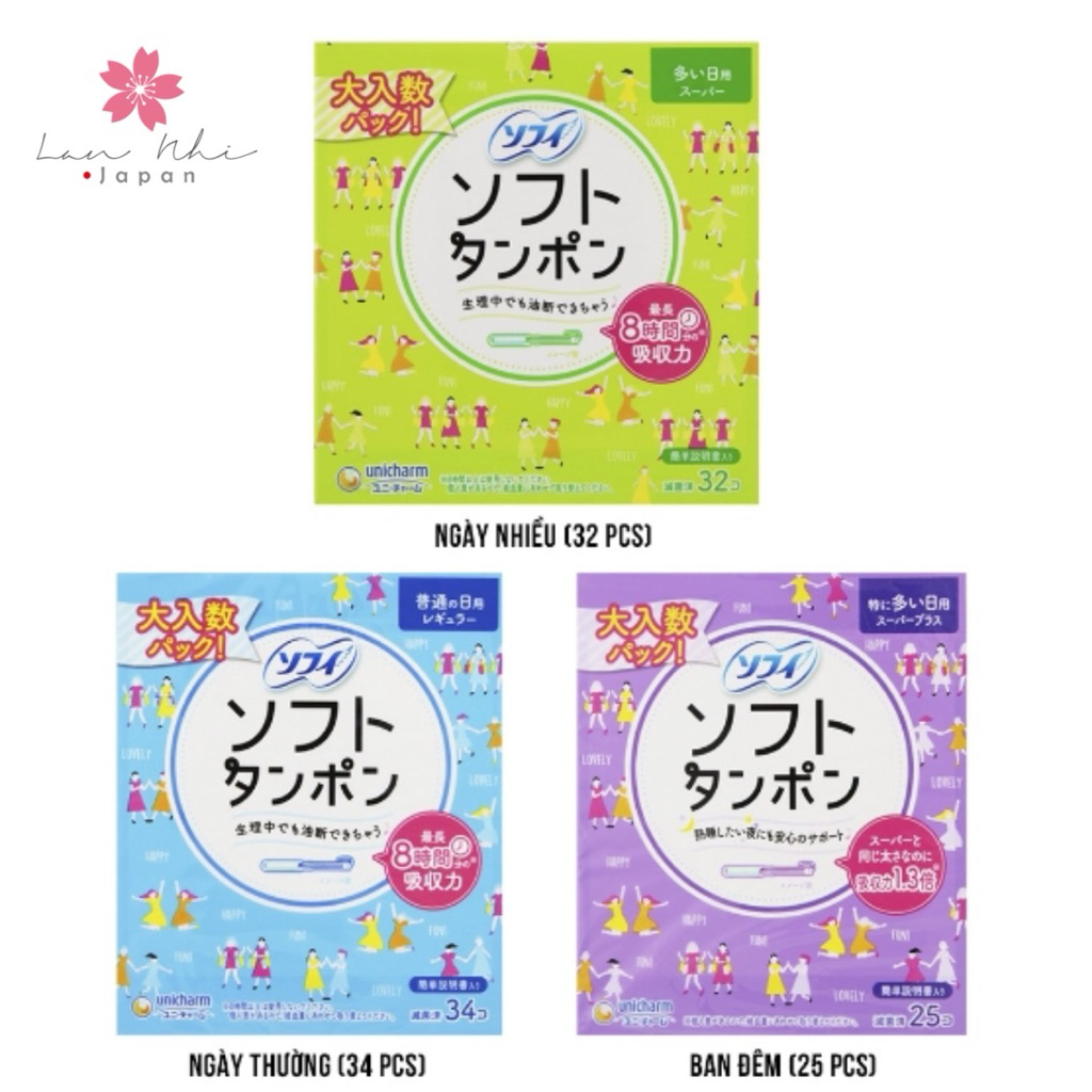 Tampon Nhật Bản – 3 Mức Thấm Hút | Màu Tím – Xanh Dương – Xanh Lá