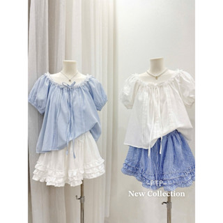 Set áo babydoll tay bồng cổ viền ren thắt nơ mix chân váy ngắn form xoè bèo gấu 2 màu siêu xinh PTP