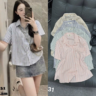 Áo sơ mi nữ tay ngắn Bigsize phối sọc đơn giản có túi AT9031