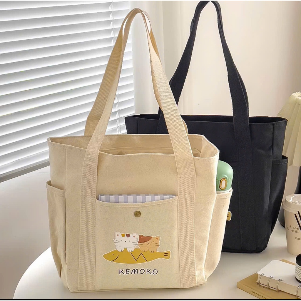 Túi tote túi vải canvas có ngăn phụ túi đeo vai đi học đi chơi thời trang Hàn Quốc đựng vừa khổ A4 laptop - tuongquy
