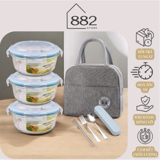Hộp đựng cơm đựng thực phẩm bộ 3 cái chất liệu thuỷ tinh 620ml , thố đựng thực phẩm kèm thìa đũa túi
