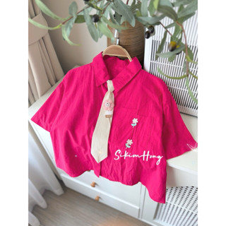 Áo kiểu sơ mi croptop form rộng tay ngắn + kèm cavat đính hoa dễ thương(A900766)