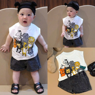 Sét áo sát nách hình động vật nhiều màu sắc kèm quần jean mềm co giãn cho bé