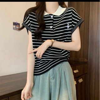 Áo len mongtoghi polo kẻ, cổ sen thỏ thêu Top nữ Women sọc