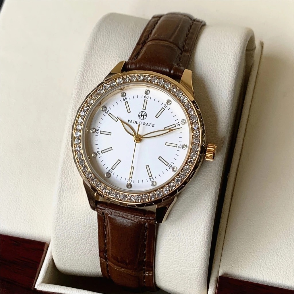 Đồng hồ nữ dây da cao cấp PABLO RAEZ viền đính đá mặt số phát sáng phong cách Hàn Quốc 35mm A806
