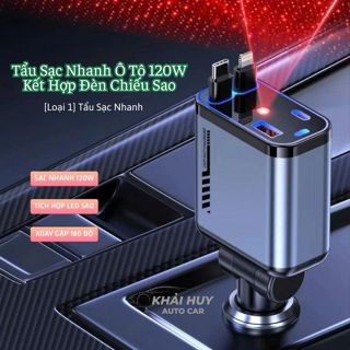  Tẩu Sạc Nhanh Ô Tô 120W Bóng Đèn Chiếu Sáng 4 In 1 Có Dây Rút Type-C+Light Tẩu Sạc Nhanh Sạc Điện Thoại Ipad Camera 