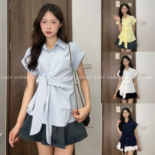 Áo sơ mi kiểu A.746, Áo sơ mi cổ đức tay ngắn phối nơ buộc eo chéo theo kích thước cơ thể- Shop Chấm Bi