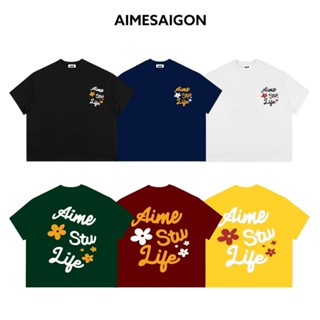 Áo Thun Boxy AIMÉ Cotton 250gsm Cổ Tròn Nam Nữ " HOA CHỮ " Áo Phông Nữ Form Rộng Nữ Mùa Hè Kiểu Đẹp Nam Nữ