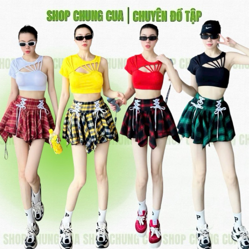 BỘ VÁY TẬP NỮ CÓ BÁN RỜI, áo bra lệch vai, váy kẻ có quần bảo hộ, tập zumba, aerobic, sport