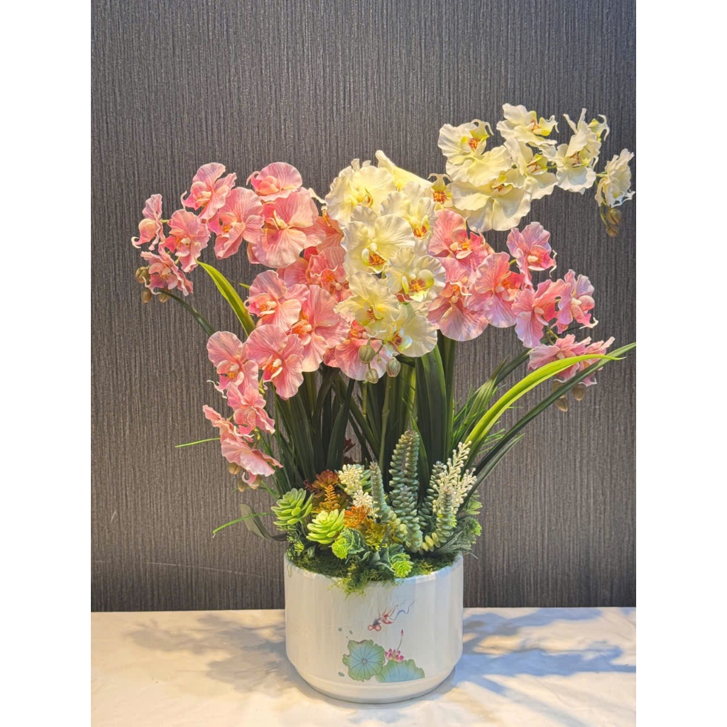 Lan hồ điệp, lan cánh xoăn, chậu hoa để bàn, hoa nhân tạo, hoa giả trang trí, hoa lan hồ điệp cắm ch