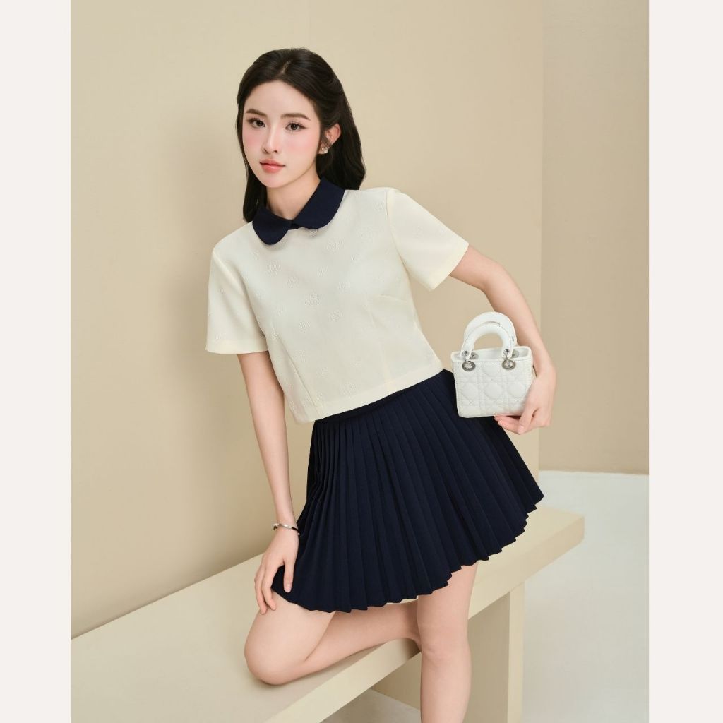 Set áo kiểu nữ thiết kế cổ sen croptop và chân váy xếp ly dáng ngắn tiểu thư Linly Store A-PC6 | BigBuy360 - bigbuy360.vn