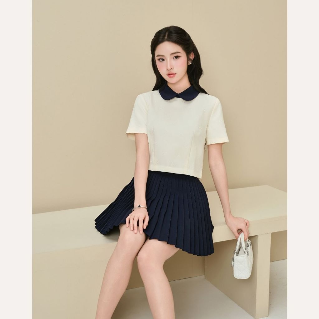 Set áo kiểu nữ thiết kế cổ sen croptop và chân váy xếp ly dáng ngắn tiểu thư Linly Store A-PC6 | BigBuy360 - bigbuy360.vn