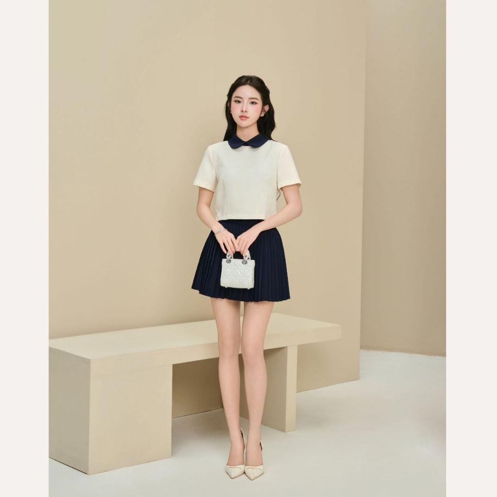 Set áo kiểu nữ thiết kế cổ sen croptop và chân váy xếp ly dáng ngắn tiểu thư Linly Store A-PC6 | BigBuy360 - bigbuy360.vn