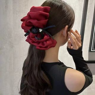 Kẹp càng cua cỡ lớn nơ lụa đám mây, đính đá hình trái tim lấp lánh, phong cách Hàn Quốc cao cấp