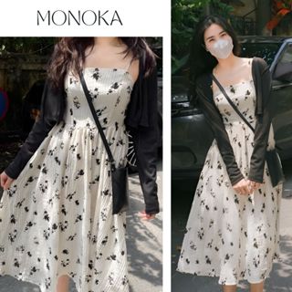 Set đồ nữ áo khoác cardigan croptop dài tay + váy 2 dây buộc nơ tiểu thư hoa bánh bèo xòe bồng Đầm nữ chất voan tơ T82G